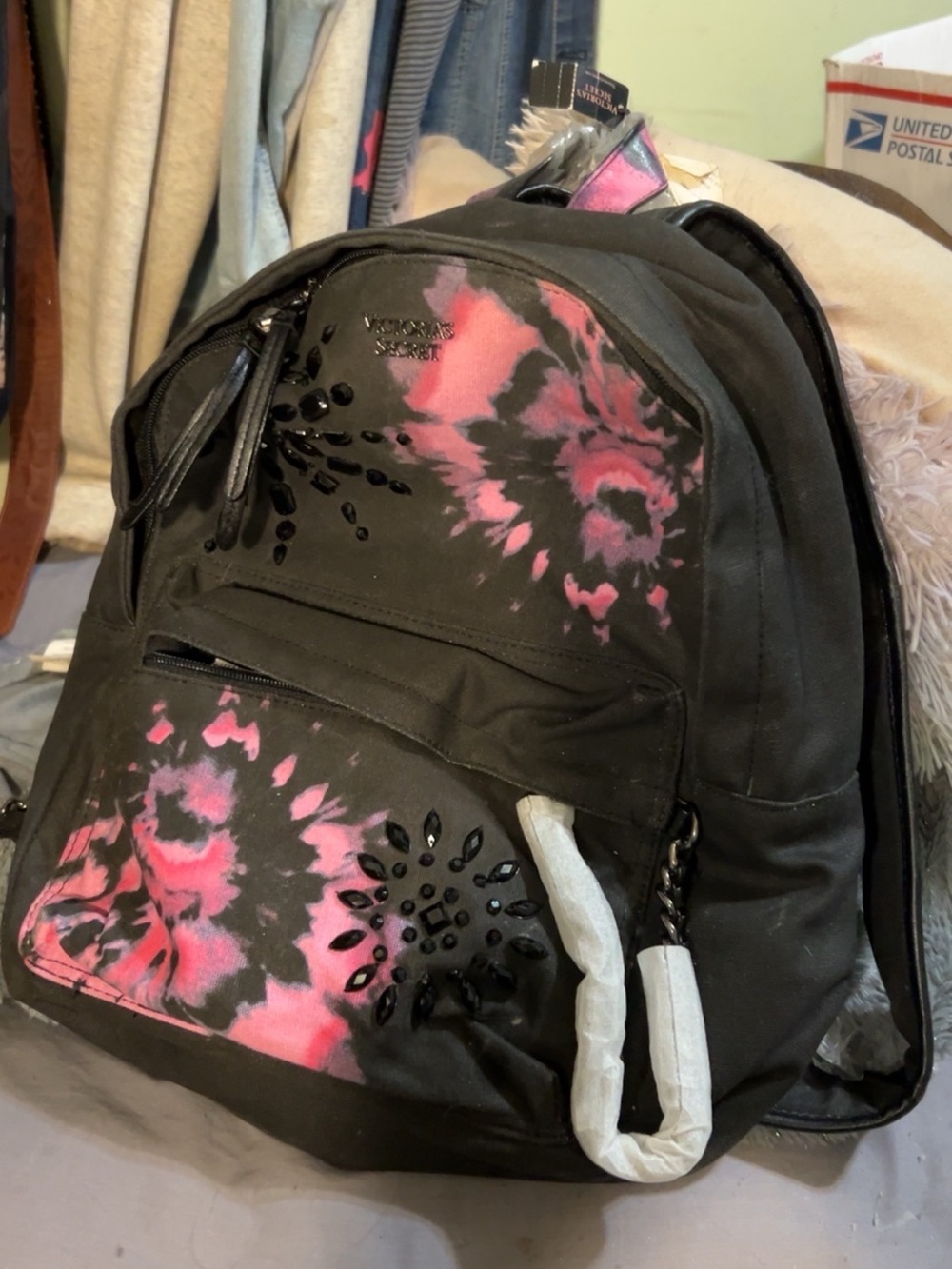 Victoria's Secret Black Backpack with Pink Floral Tie-Dye Accents